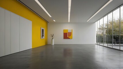 Yellow and white interior design modern room with a slight sunlight from windows classy furniture