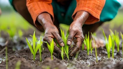 Hands Planting Young Seedlings in Fertile Soil on Agricultural Land