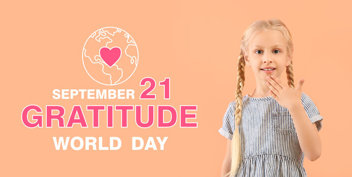 Little deaf mute girl using sign language on color background