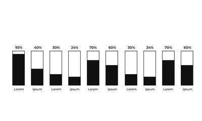 Black and white Chart, column graph, infographic elements. 10% to 100% number text. Flat design interface illustration inforchart for app ui ux web banner button vector isolated	