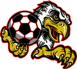 eagle mascot holding a soccer ball in talons for school, college or league sports