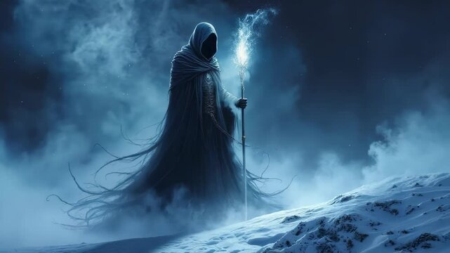 Cloaked figure stands on snowy terrain holding luminous staff. Mist swirls around the mysterious being, creating an otherworldly atmosphere. 