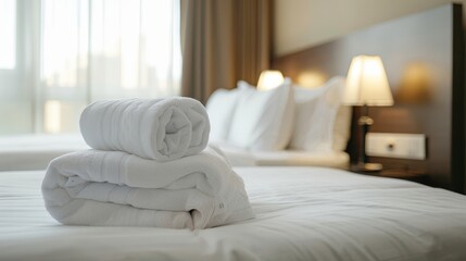 Luxurious white towel elegantly arranged on a plush hotel bed for a relaxing experience