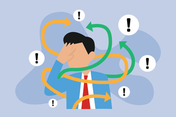 Frustrated businessman with tangled messy rope around