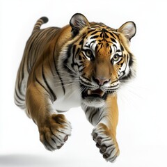 Obraz premium A majestic tiger leaps forward with powerful grace and fierce determination, showcasing its strength and beauty in motion.