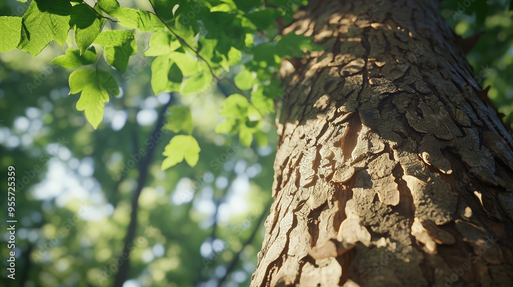 Wall mural Close-up view of a tree trunk surrounded by vibrant green leaves in a forest during bright daylight