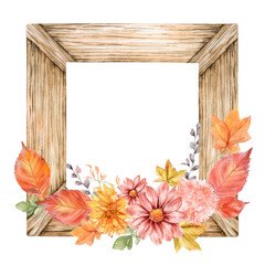 Obraz premium Wooden frame with autumn flowers, isolated on transparent background
