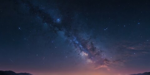 Starry night beautiful landscape, indigo night colored sky with clouds, mountains visible in horizon