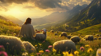 Fototapeta premium Jesus, as a shepherd, tends sheep in a field of flowers and saves a lost sheep.Concept of care, faith, Christianity and religion