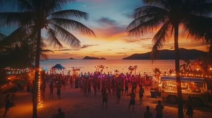 Vibrant beach party at sunset with palm trees and colorful lights in a tropical destination