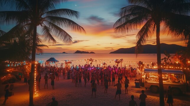 Vibrant beach party at sunset with palm trees and colorful lights in a tropical destination