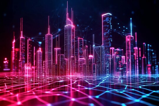 futuristic cityscape with buildings connected by digital pathways. integration technology , network of digital lines connecting the Smart city innovation.
