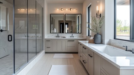 Black fixtures set the tone in this modern bathroom with a glass-walled soaking tub and a double vanity with quartz countertops.