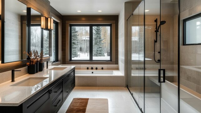 Contemporary bathroom design with black fixtures, a glass-walled alcove for the soaking tub, and a double sink vanity with quartz countertops.