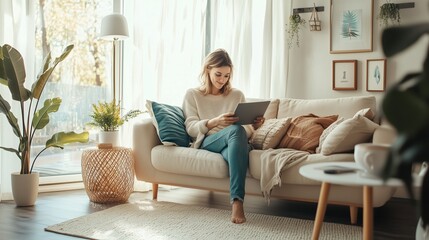 Obraz premium A woman relaxes on a cozy couch in a sunlit living room, enjoying her tablet on a serene afternoon surrounded by plants and decor