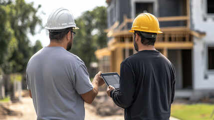 contractor and home owner analyzing construction data on a touchpad at the site, coordinating efforts and tracking the progress of their building project. photo