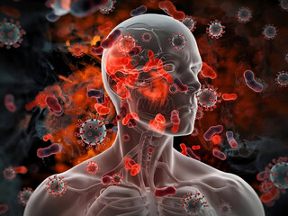 human head with torso attacked coronaviruses and bactirias  against black background. Ai generated