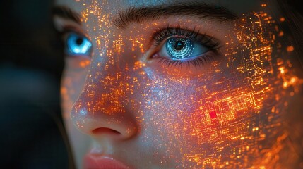 Naklejka premium surreal robotic portrait humanoid face composed of shifting rainbow hues piercing eyes emitting prismatic light intricate circuitry visible beneath translucent skin