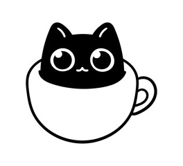 Cat in a cup illustration. Simple vector black cat in a coffee mug.