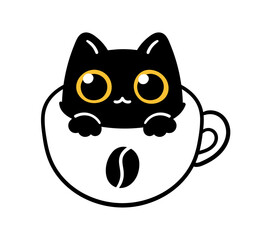 Cat in a cup illustration. Simple vector black cat in a coffee mug.