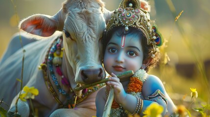 Young Krishna with a Cow in a Field of Flowers