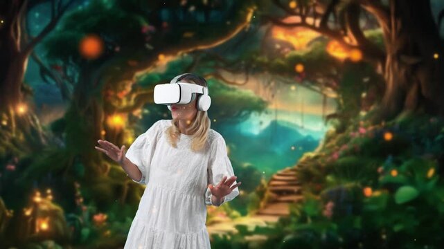 Impressive woman looking through VR in wonderland bokeh circle fall metaverse in wildflower stair forest fairytale getting fresh air in meta fantasy jungle natural imaginary creativity. Contraption.