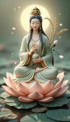 Obraz premium A serene woman of East Asian descent, seated gracefully on a pink lotus, embodying tranquility amid a soft glow.