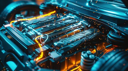 Close-up of a Car Engine with Glowing Wires and Sparks