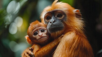 Obraz premium tender moment between a mother monkey and her baby in a lush vibrant rainforest setting highlighting the bond between parent and offspring in nature