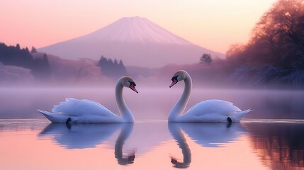 Fototapeta premium timeless serenity pair of graceful swans glide on mirrorlike lake iconic mount fuji rises majestically in background soft pastel hues evoke traditional japanese aesthetics