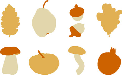 Autumn hand-drawn illustration set. Fall season elements. Leaves, mushrooms, pumpkin, pear, acorns. Flat bold collection isolated on white