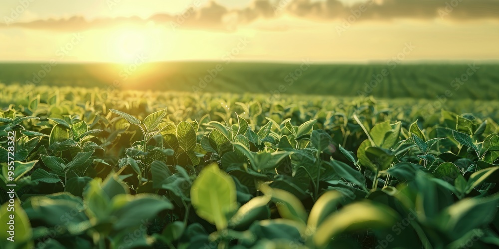 Sticker Spring soybean field in a scenic agricultural setting Organic soybean plantation