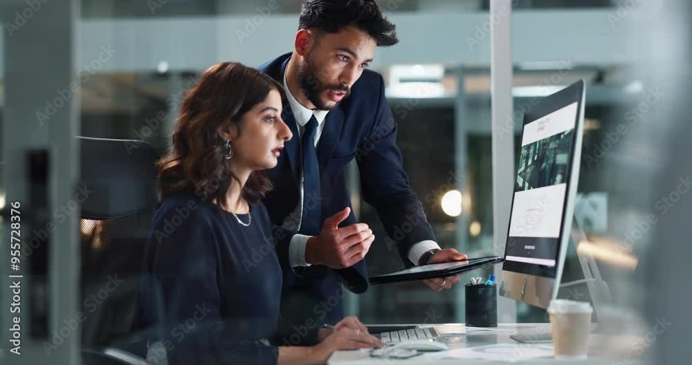 Poster tech, night or business people in office for help, feedback and planning website design in company. 