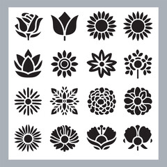 Set of logotype icons flowers Rose, Tulip, Orchid, Sunflower, Lily, Daisy, Daffodil, Jasmine, Lavender, Marigold, Peony, Chrysanthemum, Hibiscus, Poppy, Violet silhouettes in white background