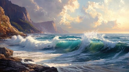 Fototapeta premium Swirling ocean waves crashing against a stone seashore, with a realistic backdrop of rocky cliffs and a serene horizon