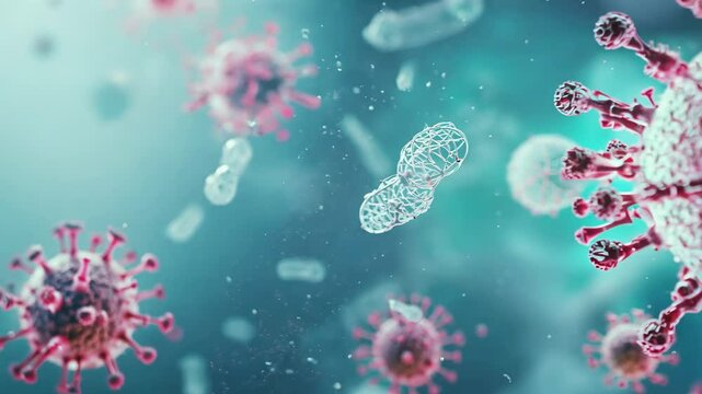 Tumor microenvironment background with cancer cells, T-Cells, nanoparticles, molecules, and blood vessels. Oncology research concept. Monkey pox virus, MPOX 
