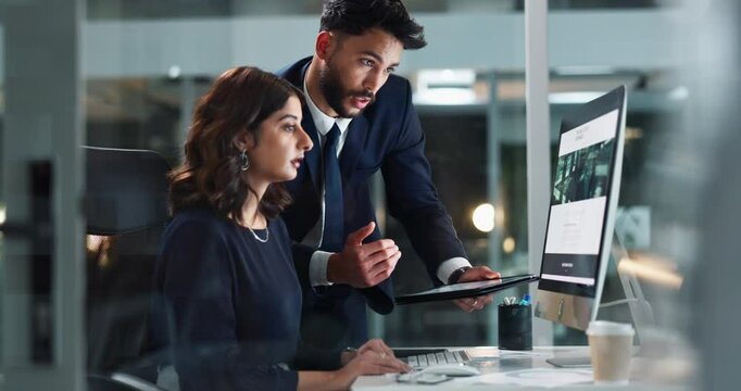 Tech, night or business people in office for help, feedback and planning website design in company. Woman developer, manager or brainstorming on tablet for webpage format, idea or project management