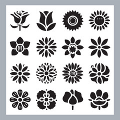 Set of logotype icons flowers Rose, Tulip, Orchid, Sunflower, Lily, Daisy, Daffodil, Jasmine, Lavender, Marigold, Peony, Chrysanthemum, Hibiscus, Poppy, Violet silhouettes in white background