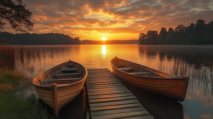 Fototapeta premium tranquil lakeside scene at sunset with silhouetted boats and weathered pier golden hour light reflects on still water creating serene atmosphere