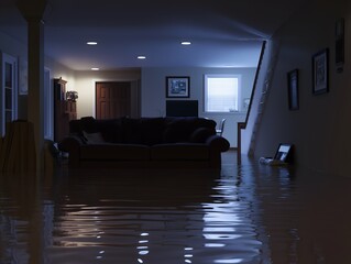 Flooded living room at night with furniture partially submerged, showcasing the aftermath of a recent water damage event