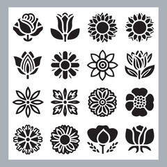 Set of logotype icons flowers Rose, Tulip, Orchid, Sunflower, Lily, Daisy, Daffodil, Jasmine, Lavender, Marigold, Peony, Chrysanthemum, Hibiscus, Poppy, Violet silhouettes in white background