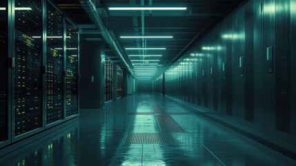 A long, dark hallway with a greenish tint