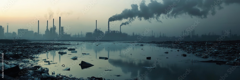 Aufkleber a dense layer of smog obscures a modern city, reflecting industrial pollution while plastic floats i