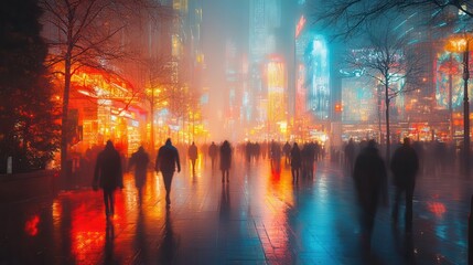 Obraz premium urban kinetic energy blurred figures navigate neonlit shopping street long exposure creates sense of constant motion and city vibrancy