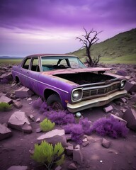 Abandoned purple car in a rocky desert landscape