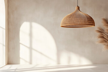 Minimalist Interior with Wicker Pendant Light.