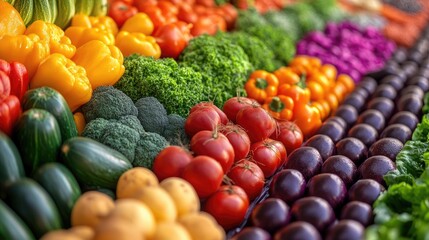Vegetables arranged in perfect geometric rows, set against a vibrant futuristic background, showcasing the future of agriculture