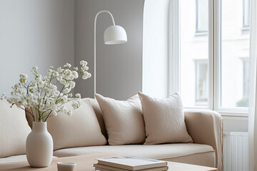 Elegant living room with beige sofa and floral decoration.