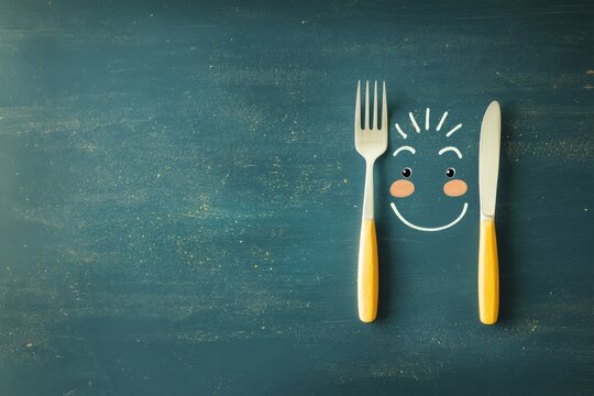 Un visage souriant form&eacute; &agrave; partir d'un aliment, encadr&eacute; par des couverts, &eacute;voquant l'id&eacute;e d'un repas sain et joyeux a la cantine ou dans la vie de tous les jours. 
