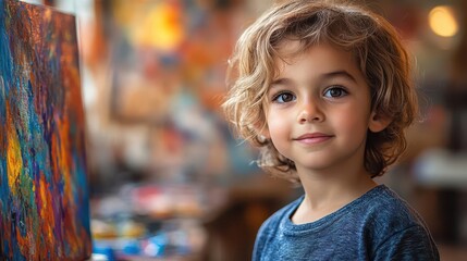 Curious Young Artist: Adorable Curly-Haired Child in Blue Shirt Smiles Amidst Colorful Painting Background